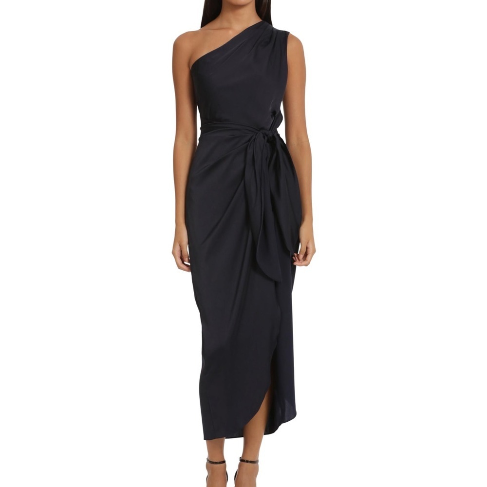 Donna Morgan Draped Skirt One-Shoulder Faux Wrap Dress Chic Preppy Navy Blue 16